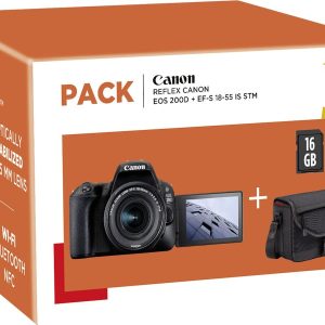 Appareil photo Reflex CANON PACK EOS 200D NOIR + EF-S 18-55 MM F/4-5,6 IS STM + HOUSSE + CARTE SD 16 GO