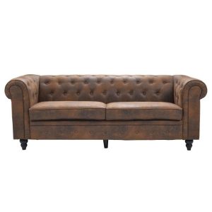 Canapé Chesterfield droit fixe 3 places – Tissu microfibre marron clair – Vintage – L 202 x P 82 cm