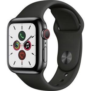 Apple Watch Series 5 Cellular 40 mm Boîtier en Acier Inoxydable Noir Sidéral avec Bracelet Sport Noir – S/M