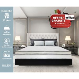 Matelas BULL-FLEX 140×190 cm, deux oreiller offert, mousse mémoire de forme, indépendance du couchage, ergonomique, reversible, 16cm