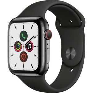 Apple Watch Series 5 Cellular 44 mm Boîtier en Acier Inoxydable Gris Sidéral avec Bracelet Sport Noir – M/L