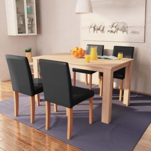 Table à Manger et chaises 5 pcs Cuir synthétique Chêne Noir