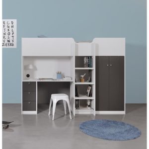 Lit combiné mezzanine enfant – Blanc/Gris – Sommier inlcus – 90 x 200 cm
