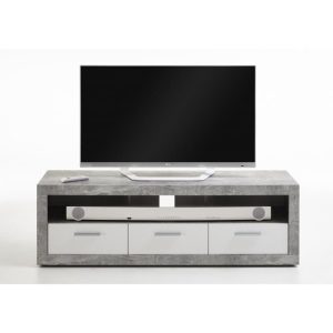 Meuble TV Gris béton et blanc brillant – L 152 x P 45.3 x H 49 cm