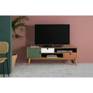 Meuble TV 1 porte 2 tiroirs en pin massif – Décor terracota , blanc et vert ciré – L 140 x P 37 x H 52 cm