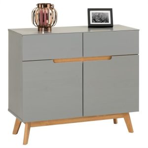 Buffet TIBOR style scandinave design vintage nordique commode bahut vaisselier avec 2 tiroirs et 2 portes, en pin massif lasuré gris