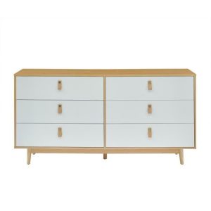Commode 6 tiroirs avec poignées en cuir blanc et bois – L 158,5 x P 40 x H 80 cm