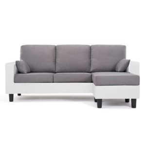 Canapé d&rsquo;angle réversible 3 places – Simili blanc et tissu gris clair – Contemporain – L 185 x P 128 cm
