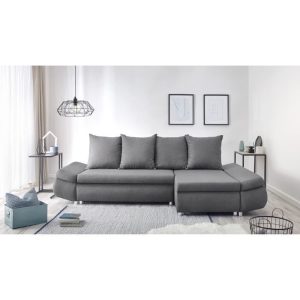 Canapé d&rsquo;angle réversible convertible 4 places + Coffre de rangement – Tissu gris anthracite – L 273 x P 101 – 148 cm