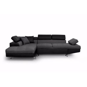 Canapé d&rsquo;angle gauche convertible 4 places + Coffre de rangement – Tissu gris foncé et simili noir – L 272 x P 192 cm