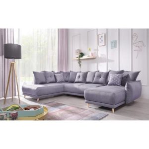 Canapé d&rsquo;angle panoramique convertible gauche – L312x90x155/190cm – Gris clair