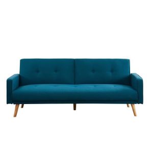 Canapé droit convertible 3 places – Tissu bleu paon – Scandinave – L 205 x P 80 cm