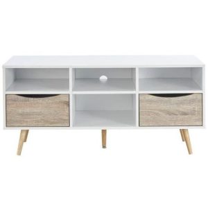 Meuble TV scandinave blanc et décor chêne mat + pieds en bois hévéa – L 116 cm