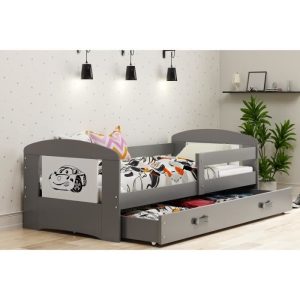 Lit enfant Philip 160×80 GRIS+CARS avec sommier, matelas et tiroir-coffre, avec le Sticker