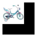 14-Zoll-Fahrrad SNOW QUEEN (Frozen), ausgestattet mit 2 Bremsen, Puppenhalter, Vorderkorb, abnehmbaren Stützrädern und aufblasbaren Reifen.