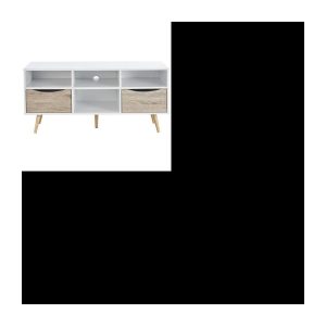 Weißer skandinavischer TV-Schrank und mattes Eichendekor + Beine aus Gummiholz ​​– L 116 cm