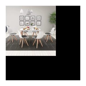 Esstisch mit weißen Stühlen, 7-teilig, aus Buchenholz und MDF, Küche, Esszimmer, Wohnzimmer, Abendessen, weißer und schwarzer Tisch