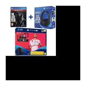 PS4 Pro 1 TB Schwarz + FIFA 20 + The Last of Us Remastered PSHits + Wireless Headset GOLD Black PS4/PSVR + Fortnite-Gutschein