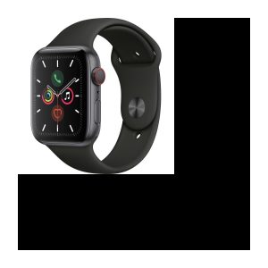 Apple Watch Series 5 Cellular 44 mm Aluminiumgehäuse in Space Grey mit schwarzem Sportarmband – M/L
