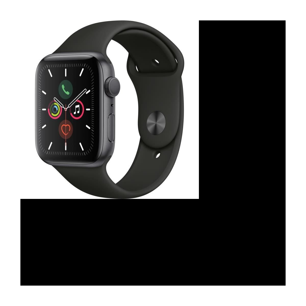 Apple Watch Series 5 GPS 44-mm-Aluminiumgehäuse in Space Grey mit schwarzem Sportarmband – M/L