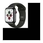 Apple Watch Series 5 Cellular 44 mm Edelstahlgehäuse in Space Grey mit schwarzem Sportarmband – M/L
