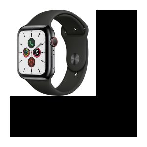 Apple Watch Series 5 Cellular 44 mm Edelstahlgehäuse in Space Grey mit schwarzem Sportarmband – M/L